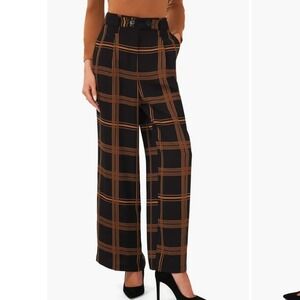 Halogen Windowpane Plaid Wide Leg Pants XS satin Black Gold High Waist